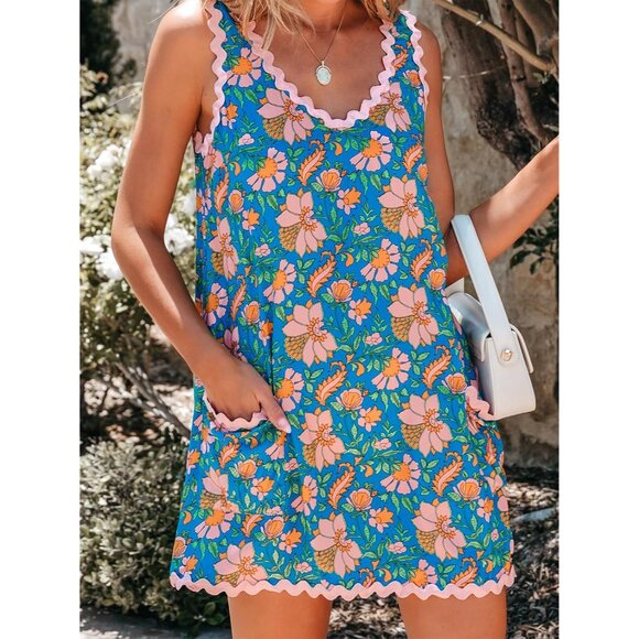 Women's Floral Lace Trim Mini Dress Rayon Summer Casual Beach Cover Up - Picture 6 of 7